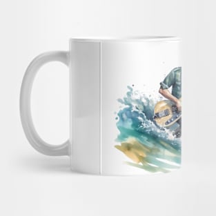 A surfer musician with a guitar caught a lucky wave. Mug